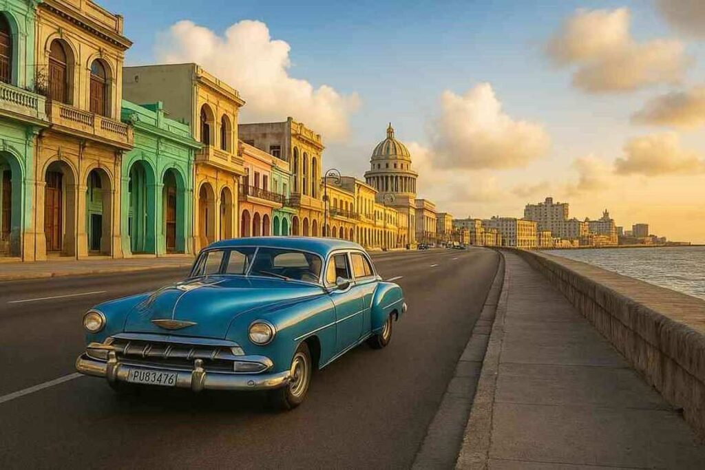 Calle de La Habana con coche clásico y arquitectura colonial al atardecer